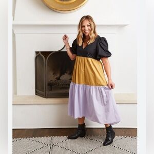 Crosby By Mollie Burch Midi Dress Size S Puff Sleeve Hands Pockets Color Block